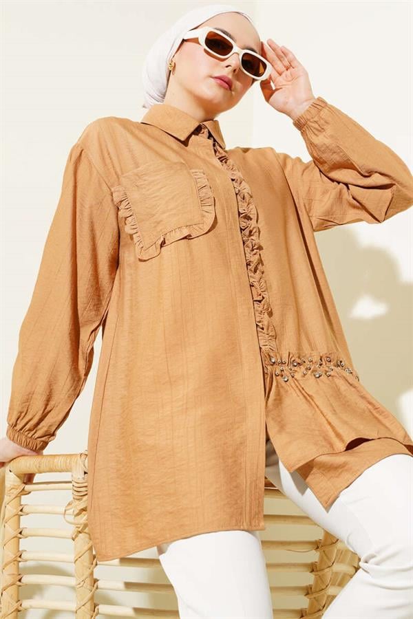 Stoned Ruffle Shirt Camel