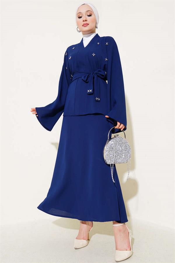 Stoned Pearl Embellished Skirted 2 Piece Set Navy Blue