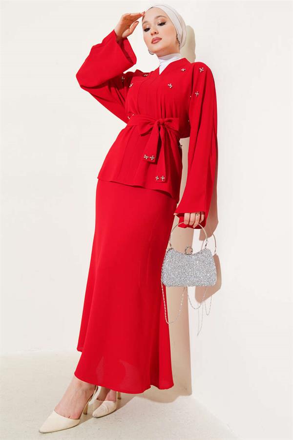 Stoned Pearl Embellished Skirted 2 Piece Set Red