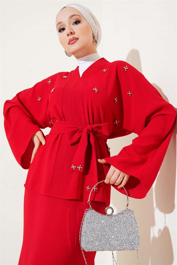 Stoned Pearl Embellished Skirted 2 Piece Set Red
