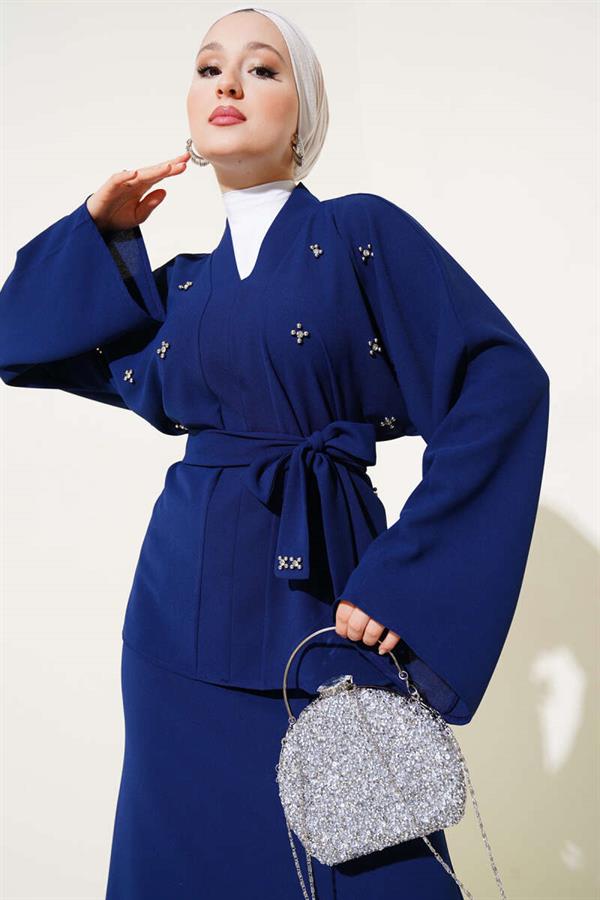 Stoned Pearl Embellished Skirted 2 Piece Set Navy Blue