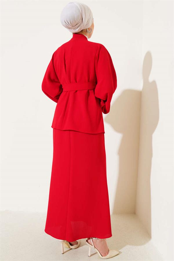 Stoned Pearl Embellished Skirted 2 Piece Set Red
