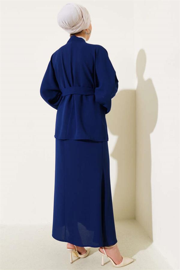 Stoned Pearl Embellished Skirted 2 Piece Set Navy Blue