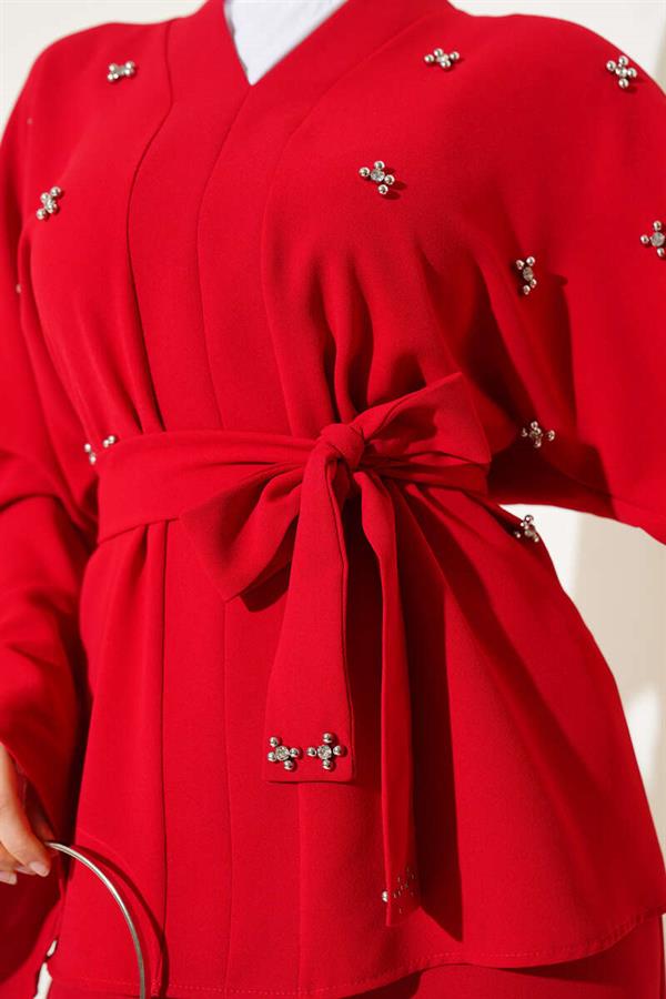 Stoned Pearl Embellished Skirted 2 Piece Set Red