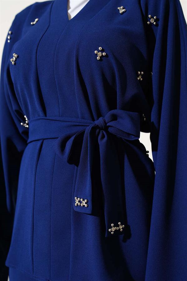 Stoned Pearl Embellished Skirted 2 Piece Set Navy Blue