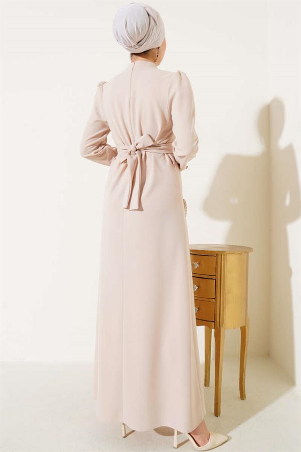 Stone Belt Buckle Dress Beige