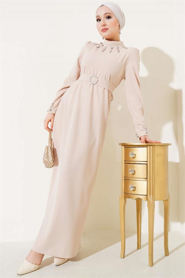 Stone Belt Buckle Dress Beige