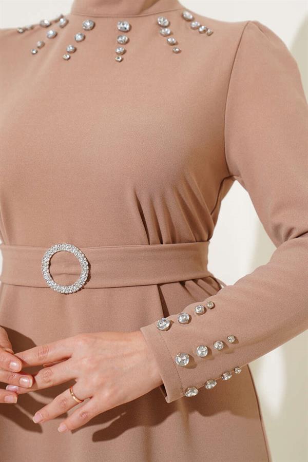 Stone Belt Buckle Dress Camel