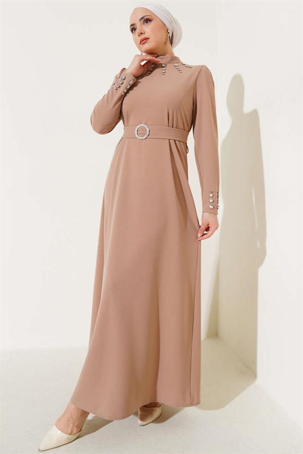 Stone Belt Buckle Dress Camel