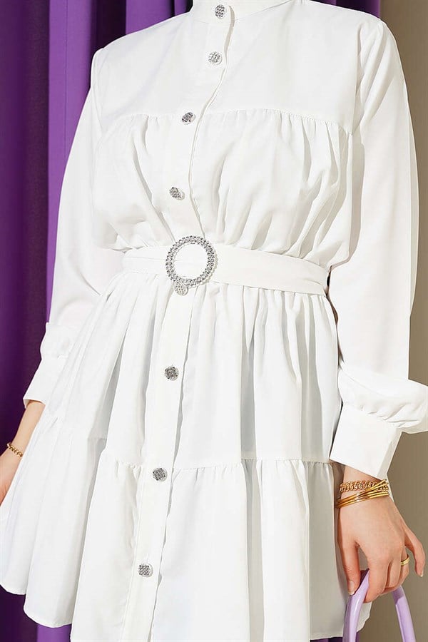 White Layered Shirt with Rhinestone Belt Buckle