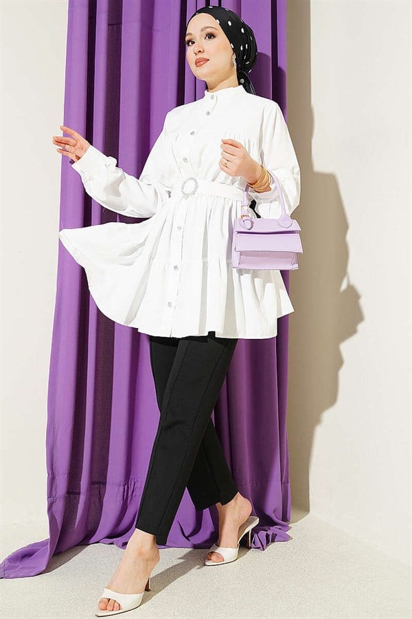 White Layered Shirt with Rhinestone Belt Buckle
