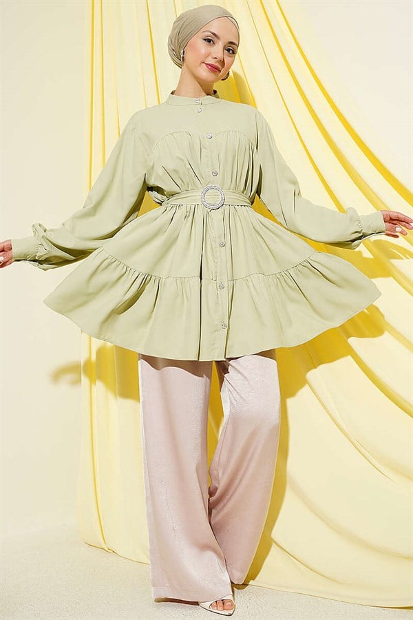 Layered Shirt with Rhinestone Buckle, Light Green