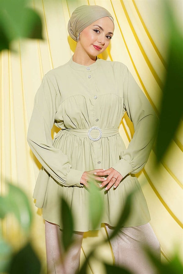 Layered Shirt with Rhinestone Buckle, Light Green