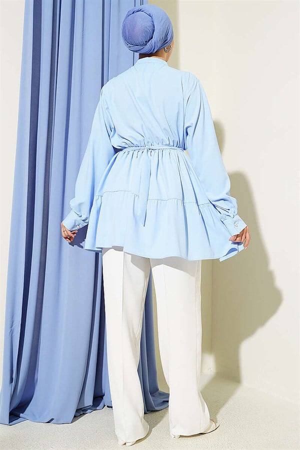 Layered Shirt with Rhinestone Belt Buckle, Blue