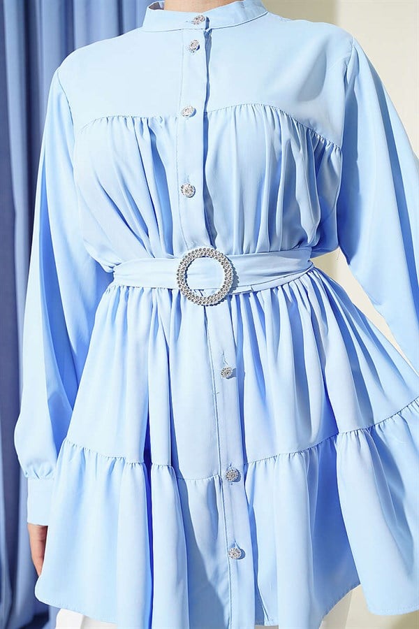 Layered Shirt with Rhinestone Belt Buckle, Blue