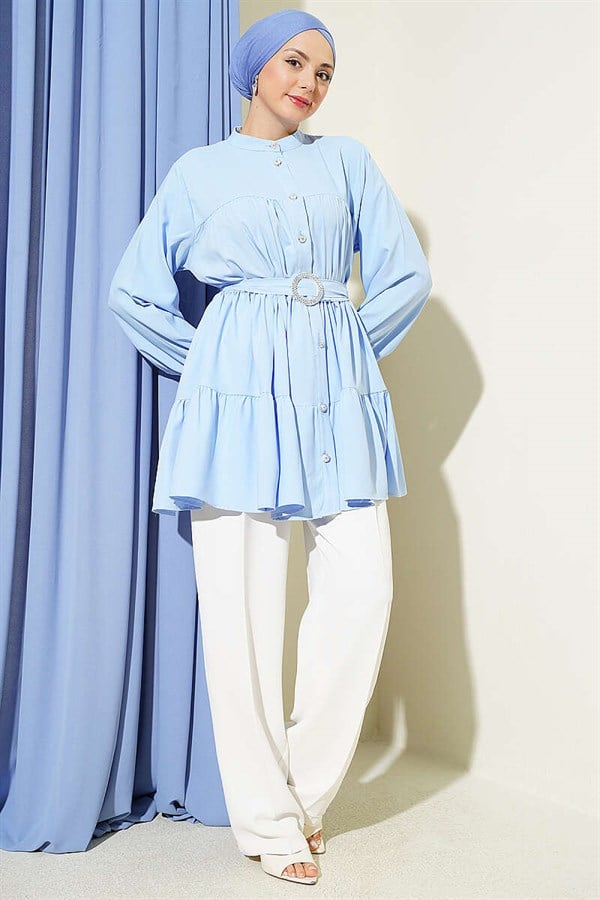 Layered Shirt with Rhinestone Belt Buckle, Blue