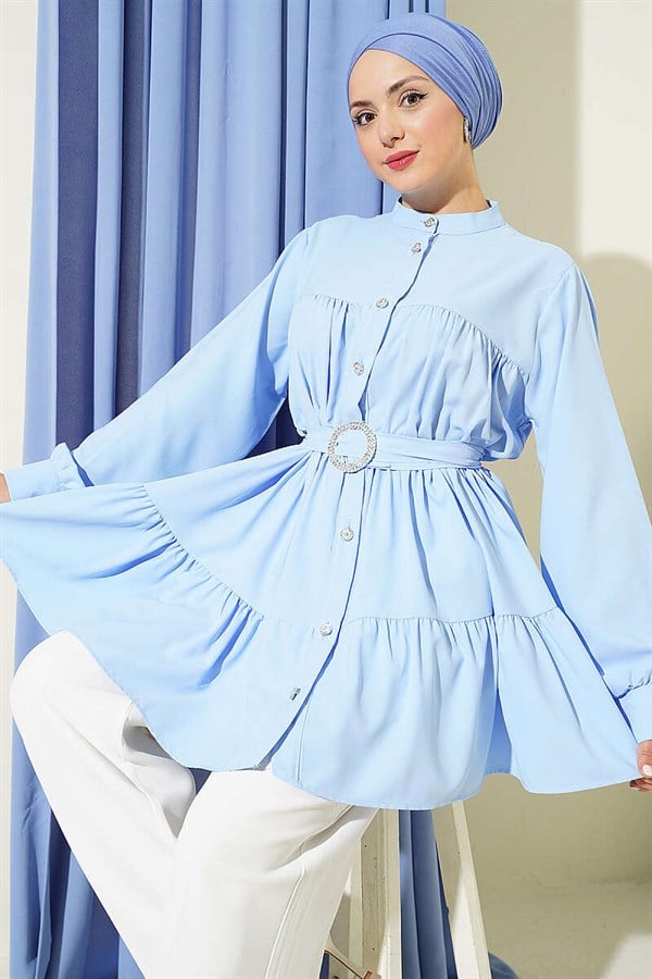 Layered Shirt with Rhinestone Belt Buckle, Blue
