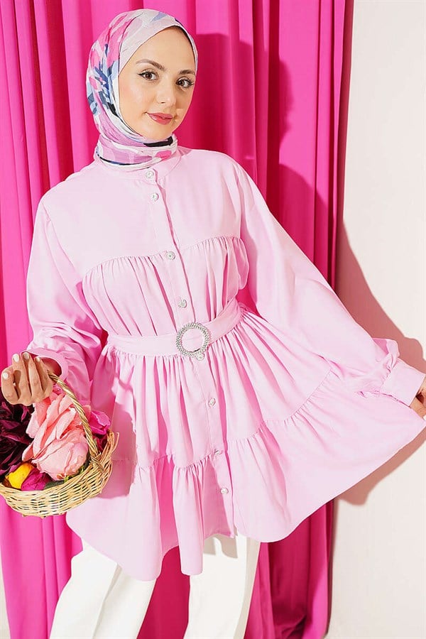 Pink Layered Shirt with Rhinestone Belt Buckle