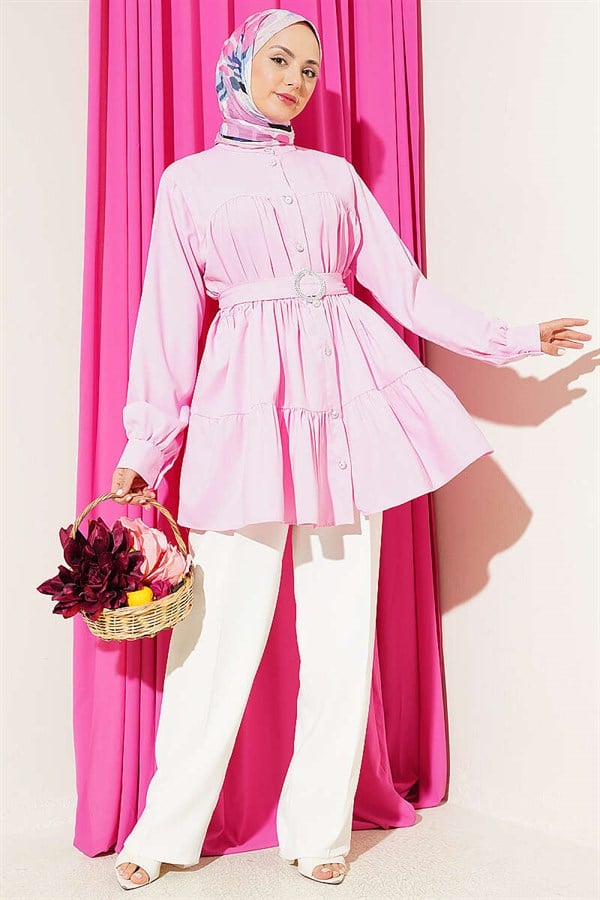 Pink Layered Shirt with Rhinestone Belt Buckle