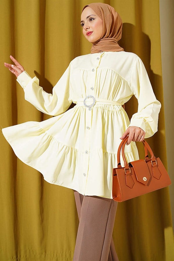 Stone Embellished Belt Buckle Layered Shirt Yellow