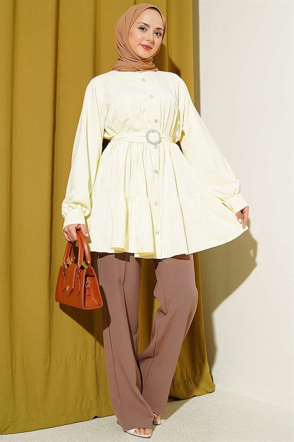 Stone Embellished Belt Buckle Layered Shirt Yellow