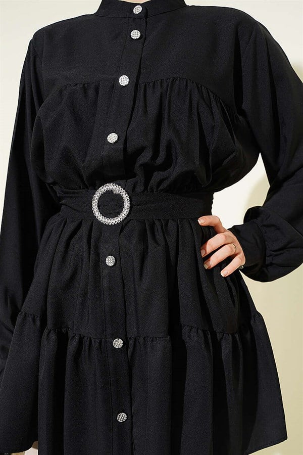 Layered Shirt with Rhinestone Belt Buckle, Black