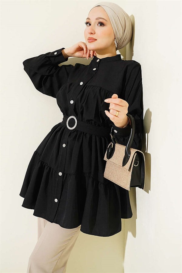 Layered Shirt with Rhinestone Belt Buckle, Black