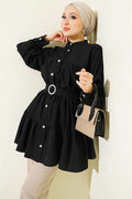 Layered Shirt with Rhinestone Belt Buckle, Black