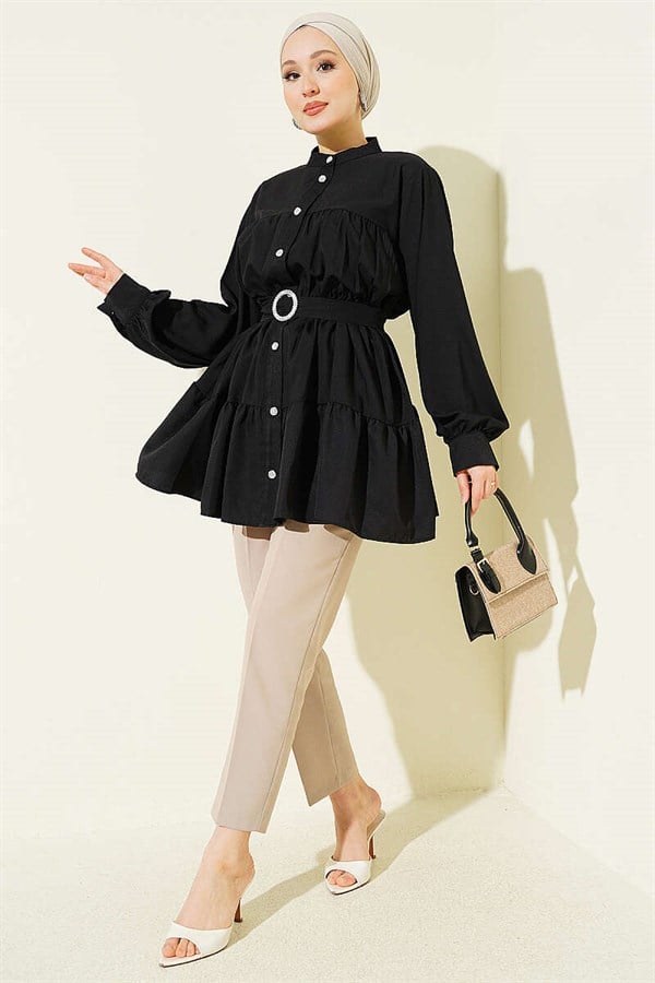 Layered Shirt with Rhinestone Belt Buckle, Black