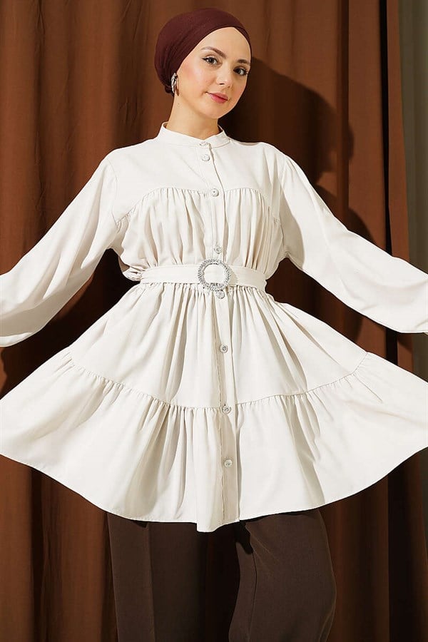 Stone Embellished Belt Buckle Layered Shirt with Stones