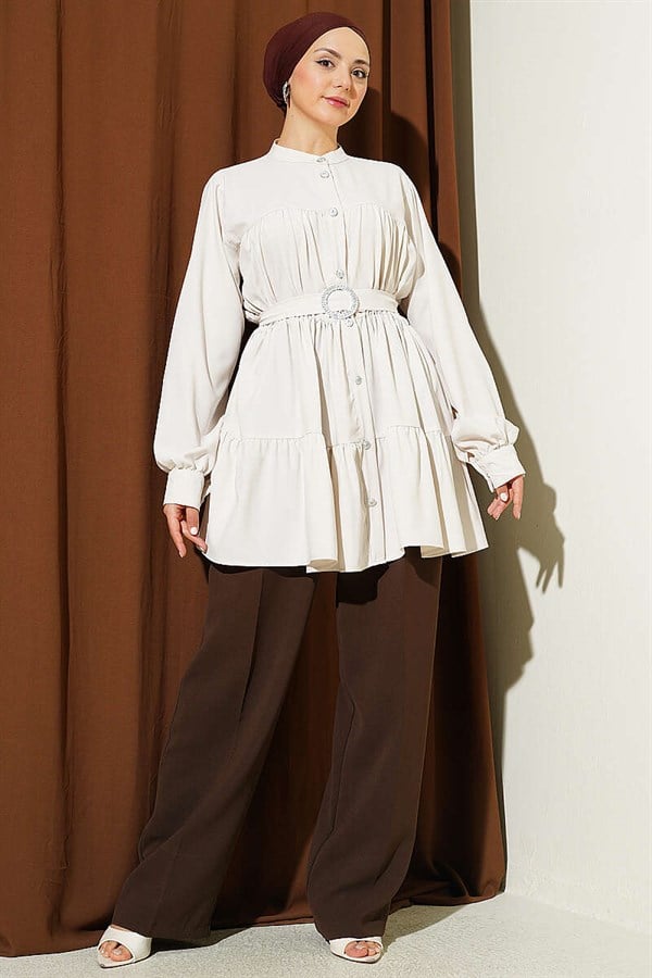Stone Embellished Belt Buckle Layered Shirt with Stones