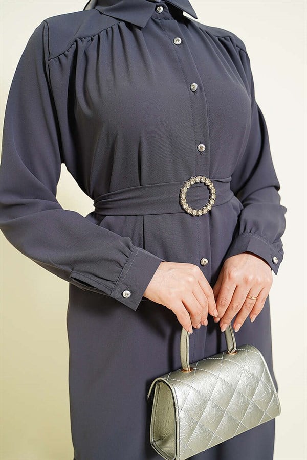 Stone Embellished Belt Buckle 2 Piece Set in Smoke Gray