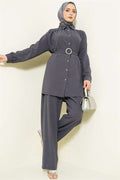 Stone Embellished Belt Buckle 2 Piece Set in Smoke Gray