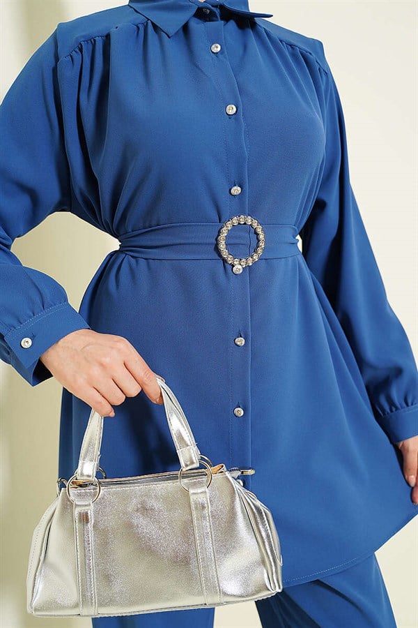 Stone Embellished Belt Buckle 2 Piece Set Indigo