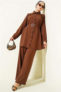 Stone Embellished Belt with Buckle, 2 Piece Set, Coffee Brown