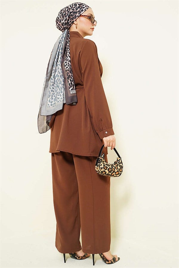 Stone Embellished Belt with Buckle, 2 Piece Set, Coffee Brown