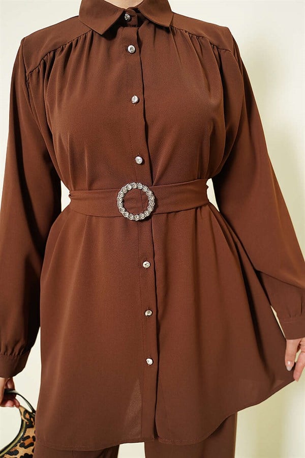 Stone Embellished Belt with Buckle, 2 Piece Set, Coffee Brown