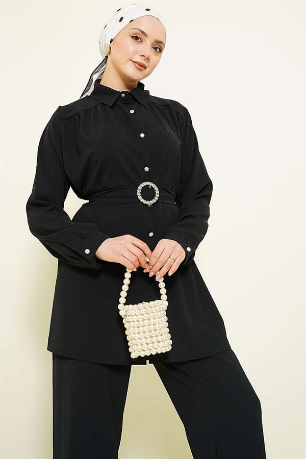 Stone Embellished Belt Buckle 2 Piece Set, Black