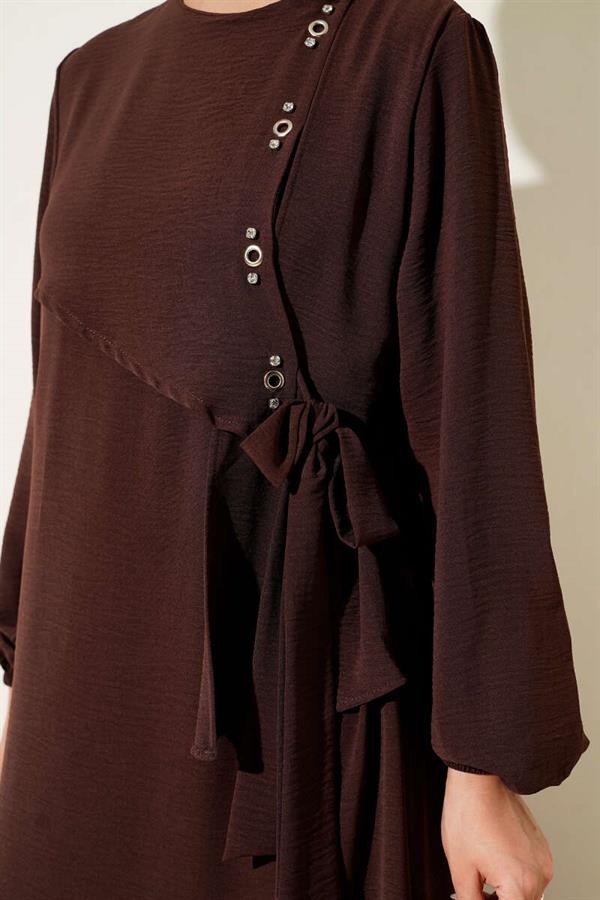 Tied Dress with Stoned Bird Eye Detail, Brown