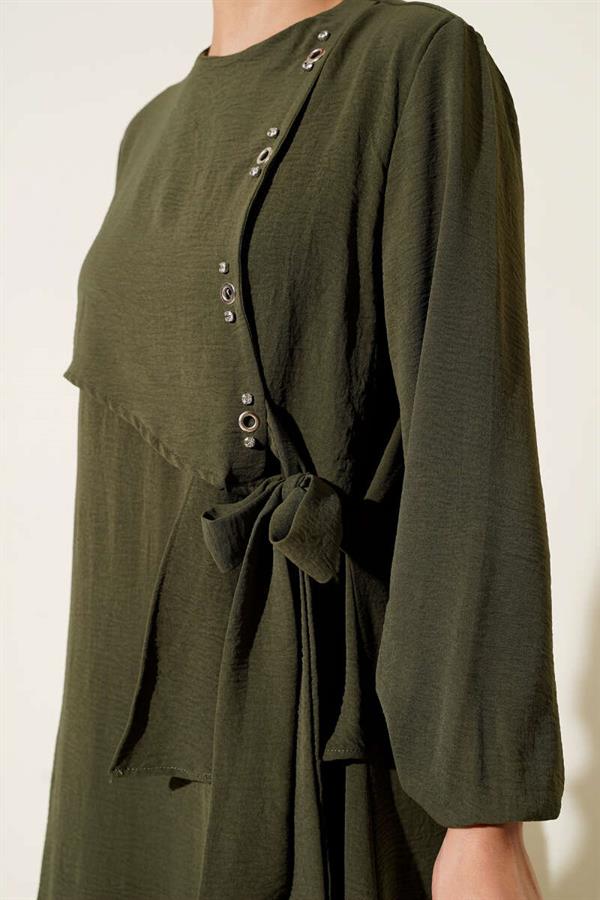 Tied Dress with Stoned Bird Eye Detail Khaki
