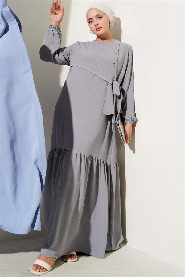 Tied Dress with Stoned Bird Eye Detail in Gray