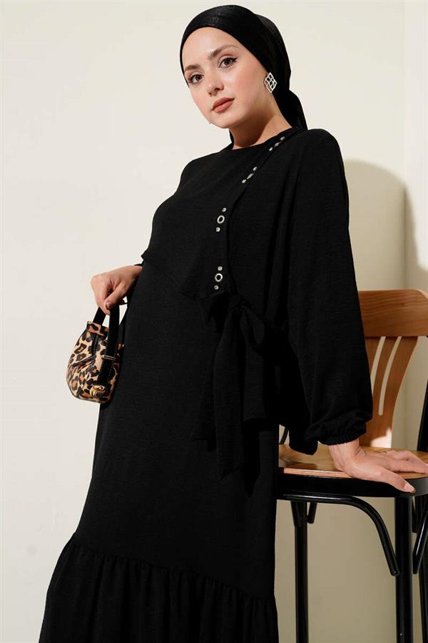 Black Tie-Down Dress with Stoned Bird Eye Detail