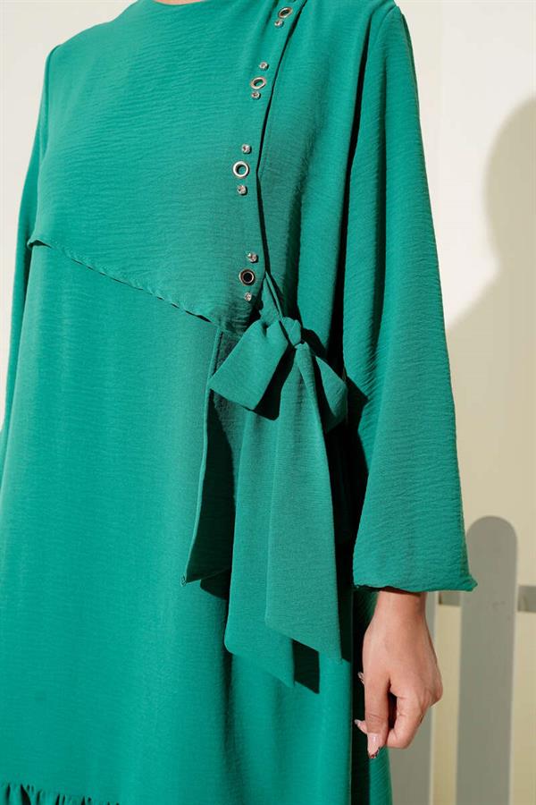 Green Tie-Down Dress with Stoned Bird Eye Detail