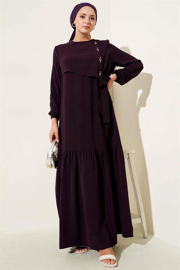 Jeweled Eyelet Detailed Tie Dress in Plum