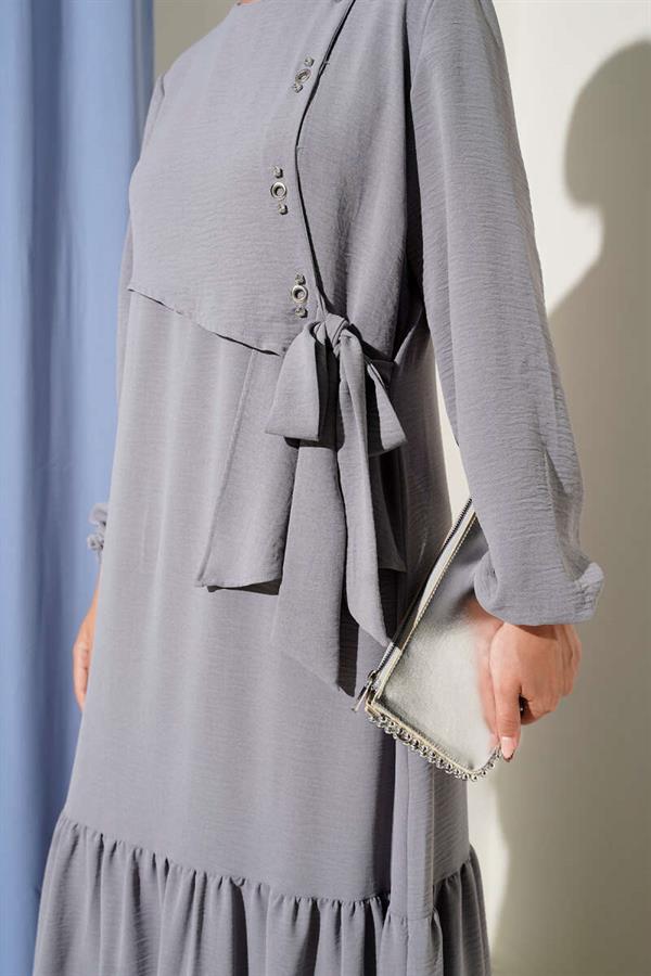 Tied Dress with Stoned Bird Eye Detail in Gray