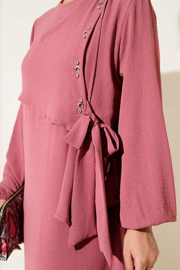 Tied Dress with Stoned Bird Eye Detail, Dusty Rose