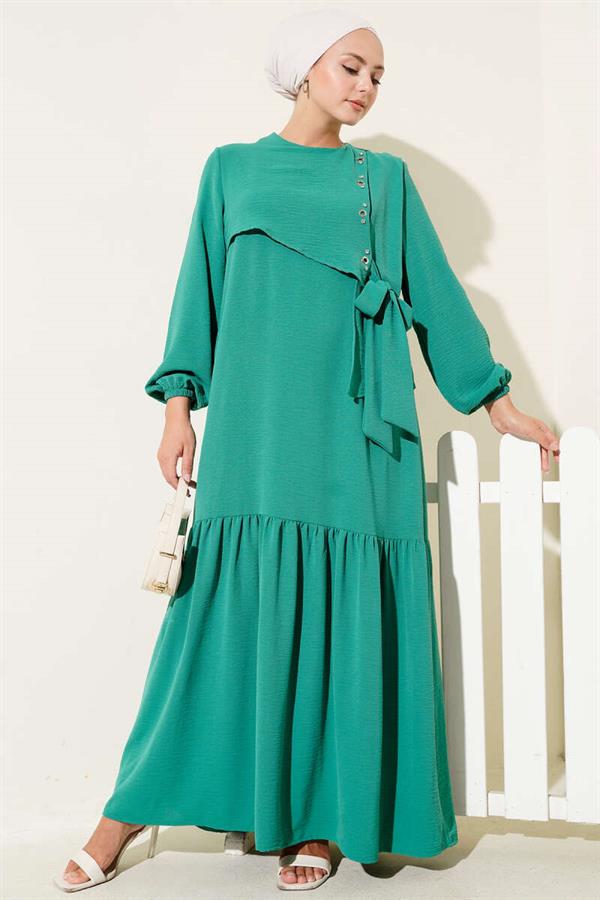 Green Tie-Down Dress with Stoned Bird Eye Detail