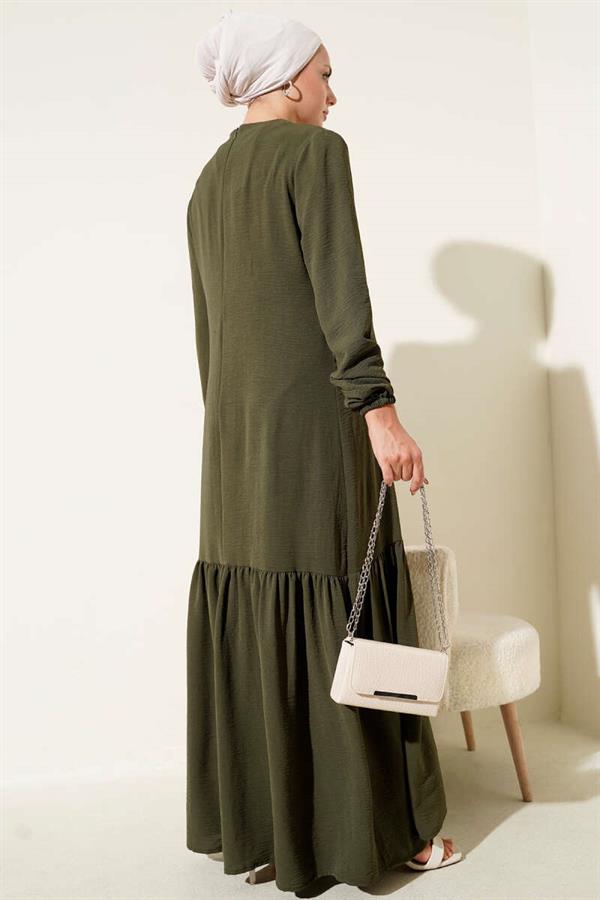 Tied Dress with Stoned Bird Eye Detail Khaki
