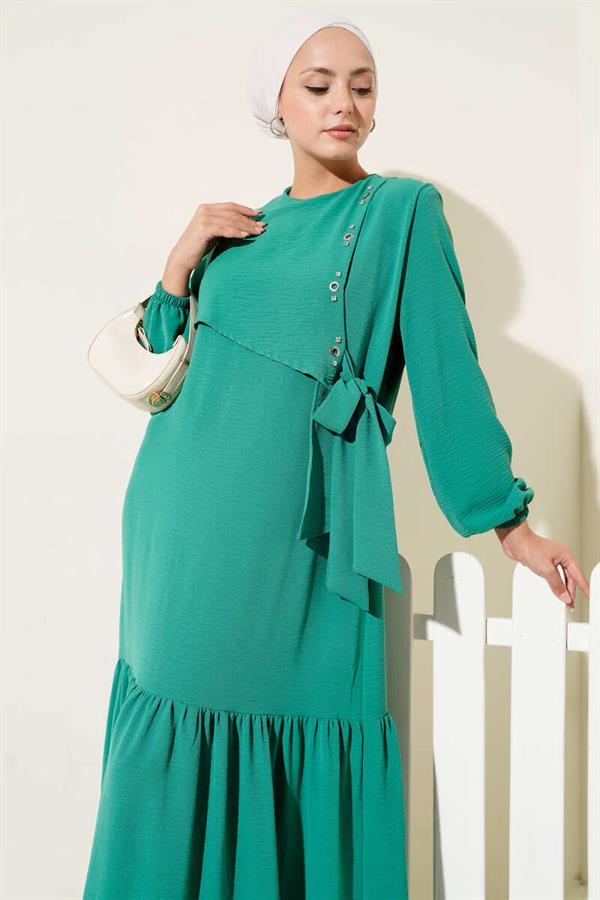 Green Tie-Down Dress with Stoned Bird Eye Detail