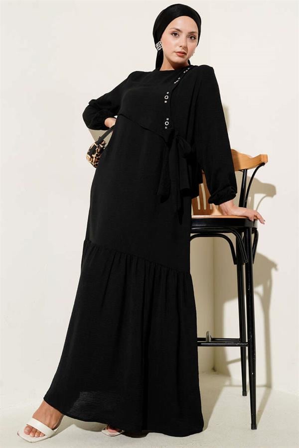 Black Tie-Down Dress with Stoned Bird Eye Detail